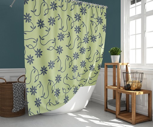 Minimalist Linen Floral Shower Curtain | Blue Green Floral Pattern | Fabric Bathroom Curtain Mat | Home Bath Decor