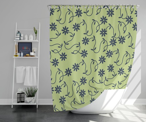 Minimalist Linen Floral Shower Curtain | Blue Green Floral Pattern | Fabric Bathroom Curtain Mat | Home Bath Decor - Image 2