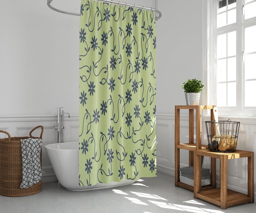 Minimalist Linen Floral Shower Curtain | Blue Green Floral Pattern | Fabric Bathroom Curtain Mat | Home Bath Decor - Image 3