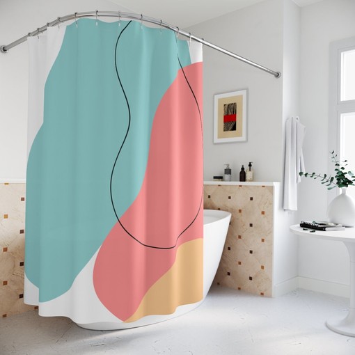 Minimalist Mint Blue Orange Boho Abstract Waves Shower Curtain