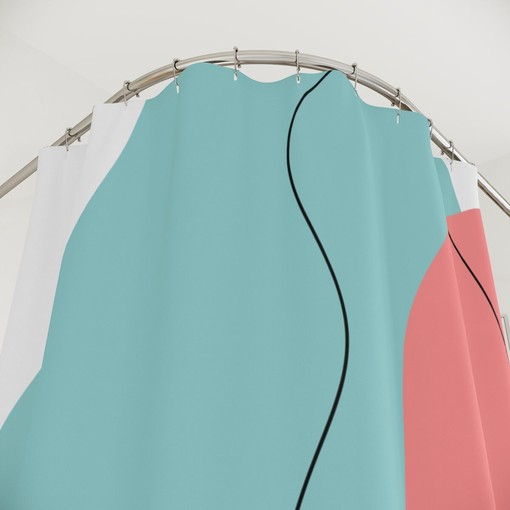 Minimalist Mint Blue Orange Boho Abstract Waves Shower Curtain - Image 4