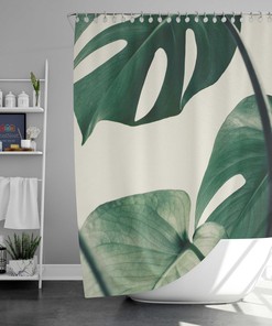 Minimalist Monstera Unique Shower Curtain | Botanical Green Simple Fabric Home Bath Decor