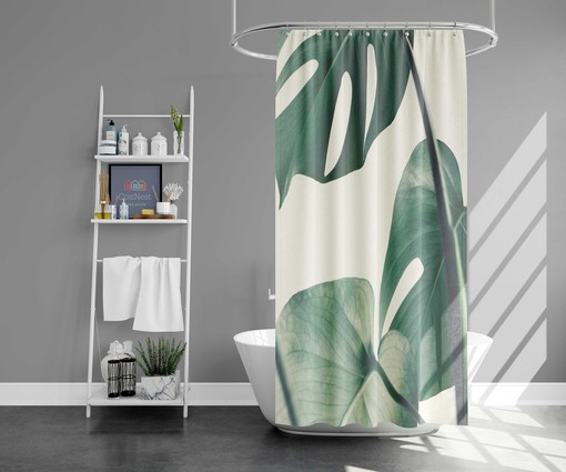 Minimalist Monstera Unique Shower Curtain | Botanical Green Simple Fabric Home Bath Decor - Image 2
