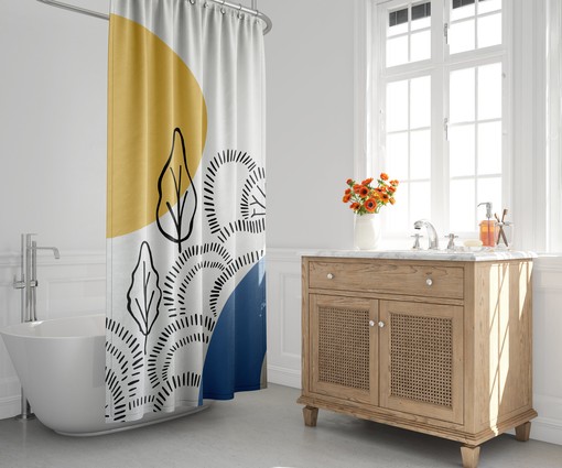 Minimalist Shower Curtain with Abstract Floral Landscape Design, Mid-Century Modern Style, Modern Bath