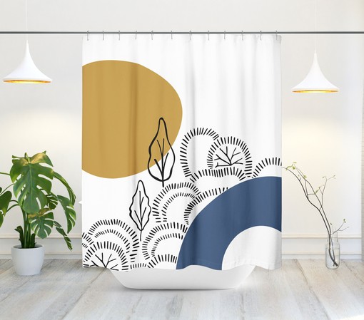 Minimalist Shower Curtain with Abstract Floral Landscape Design, Mid-Century Modern Style, Modern Bath - Image 2