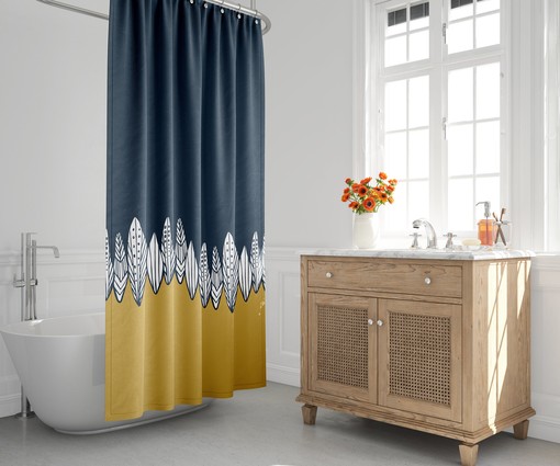 Minimalist Shower Curtain with Abstract Floral Landscape Design, Mid-Century Modern Style, Modern Bath Decor
