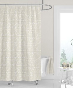 Minimalist White Floral Shower Curtain | Mud Cloth Triangles Linen Print | Modern Bathroom Decor | Boho Bath Design
