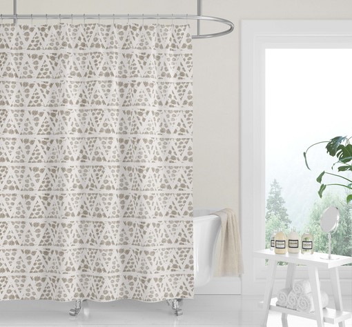 Minimalist White Floral Shower Curtain | Mud Cloth Triangles Linen Print | Modern Bathroom Decor | Boho Bath Design - Image 2
