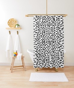 Minimalist White and Black Abstract Shower Curtain with Shapes for Eco-Friendly Bathroom, Waterproof and Hooks Included