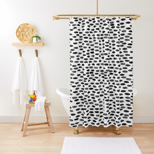 Minimalist White and Black Abstract Shower Curtain with Shapes for Eco-Friendly Bathroom, Waterproof and Hooks Included - Image 2