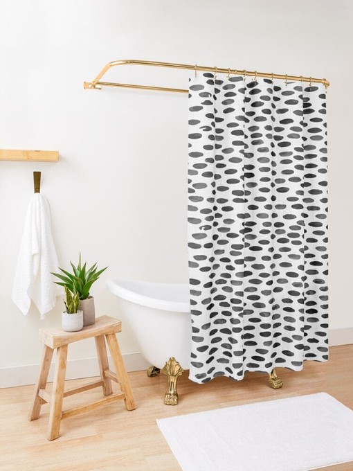 Minimalist White and Black Abstract Shower Curtain with Shapes for Eco-Friendly Bathroom, Waterproof and Hooks Included - Image 3