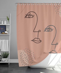 Minimalist Woman Portrait Line Drawing Pink Shower Curtain, Retro Bathroom Decor