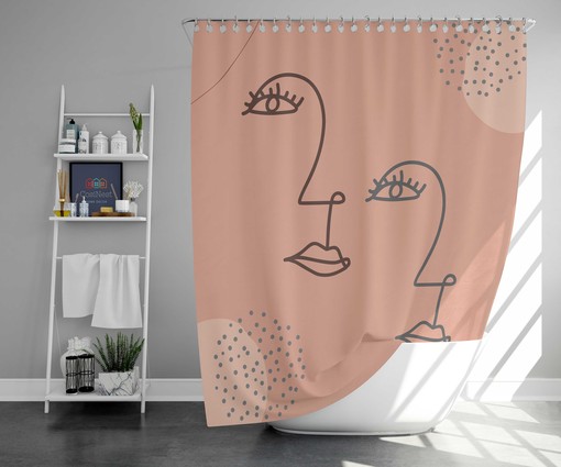 Minimalist Woman Portrait Line Drawing Pink Shower Curtain, Retro Bathroom Decor