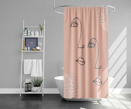 Minimalist Woman Portrait Line Drawing Pink Shower Curtain, Retro Bathroom Decor - Image 2