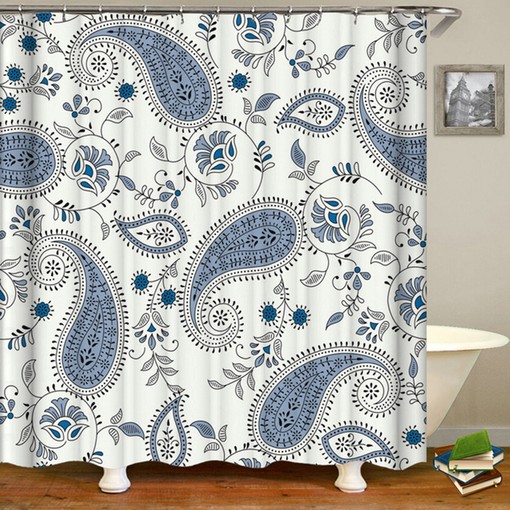 Minimalist and Chic White and Blue Floral Bohemian Shower Curtain