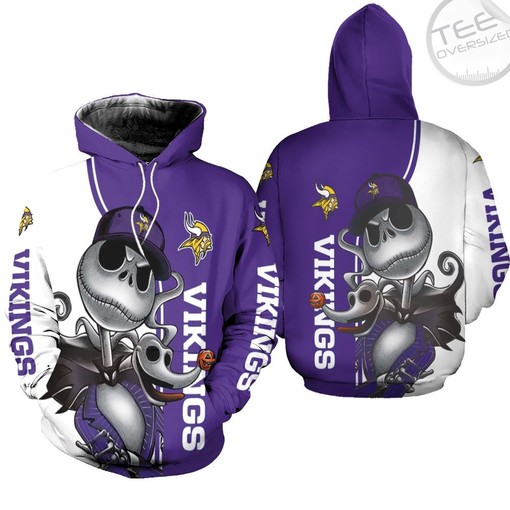 Minnesota Vikings Men's 3D Hoodie with Unique Design of Jack Skellington and Zero