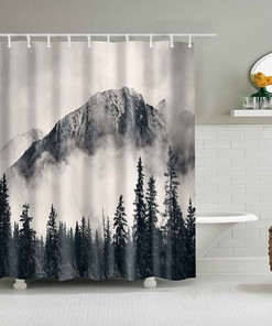 Misty Mountain Vintage Shower Curtain | Black and White Scenery Outdoor Fabric Bath Decor