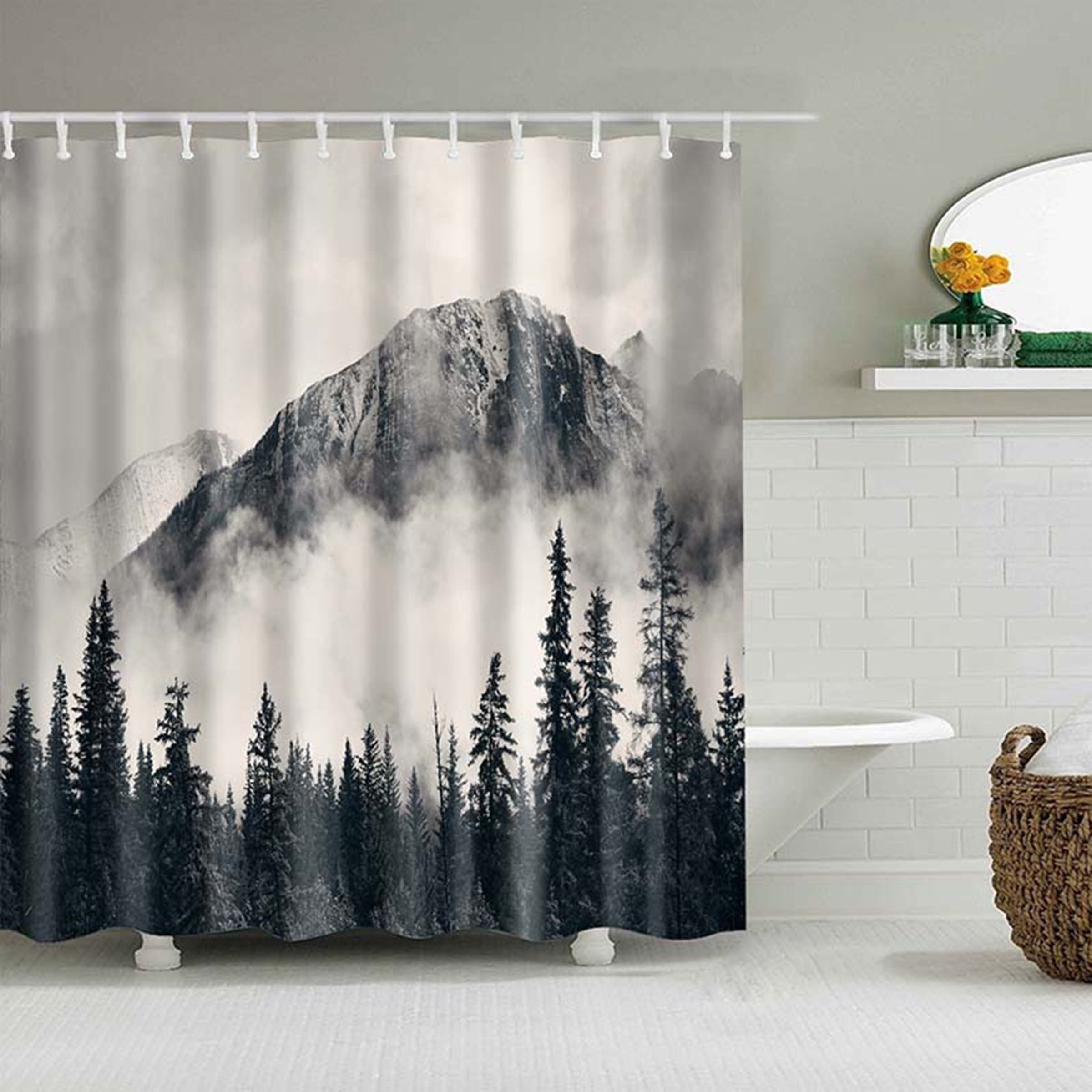 Misty Mountain Vintage Shower Curtain | Black and White Scenery Outdoor Fabric Bath Decor