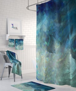 Misty Peacock Feather Shower Curtain with Matching Towels and Bath Mat for Ethnic Bathroom Decor