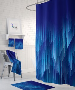 Mixed Blue Geometric Rain Shower Curtain, Optional Bath Mat and Towels, Decorative Bathroom Set