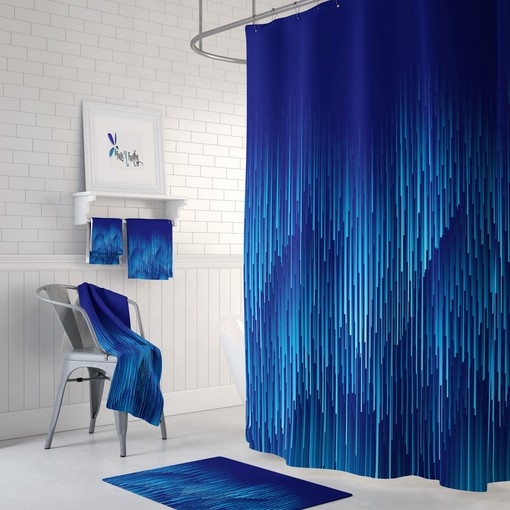 Mixed Blue Geometric Rain Shower Curtain, Optional Bath Mat and Towels, Decorative Bathroom Set