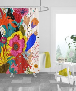 Mod Bouquet Floral Shower Curtain Set with Bath Mat -Vintage Bathroom Decor