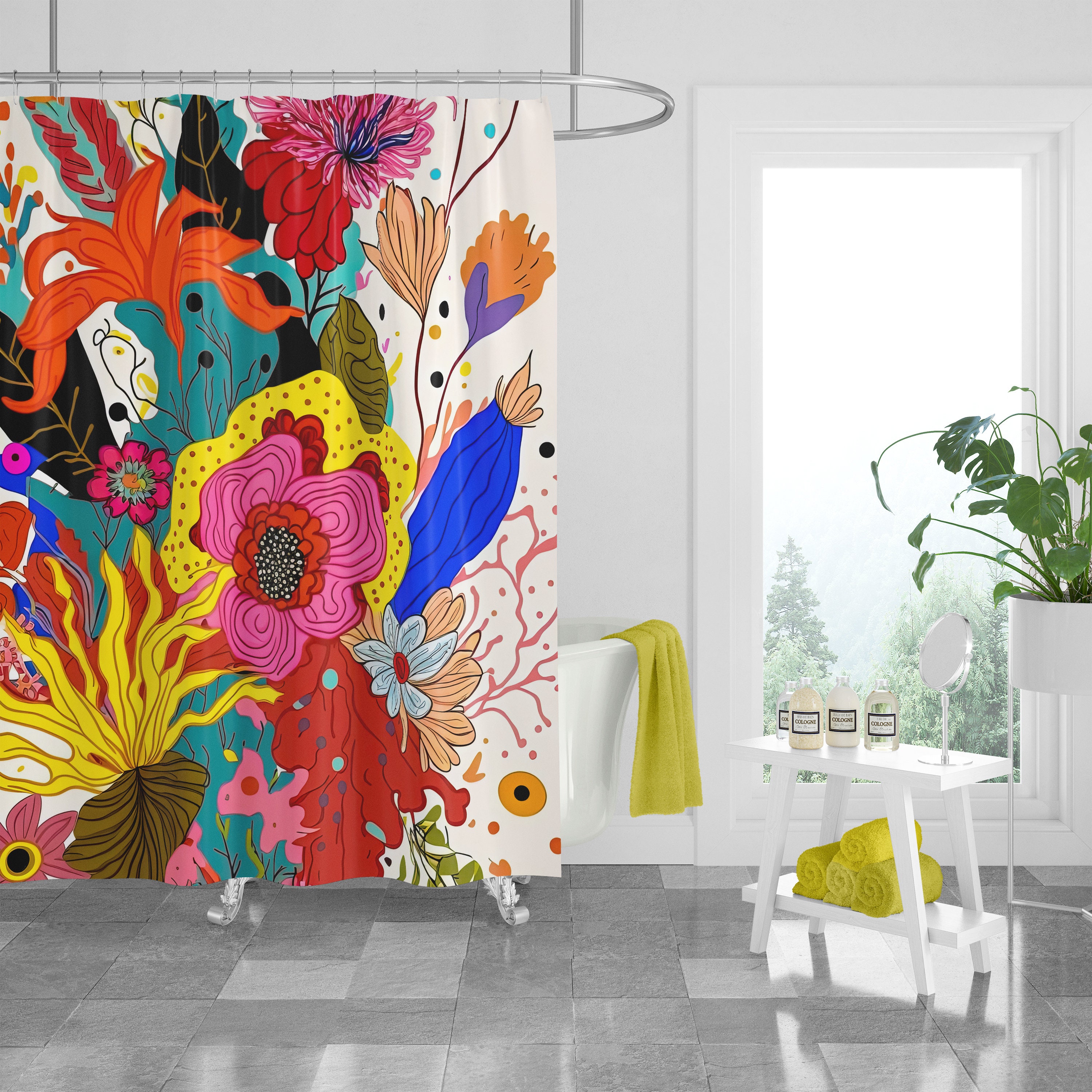 Mod Bouquet Floral Shower Curtain Set with Bath Mat -Vintage Bathroom Decor