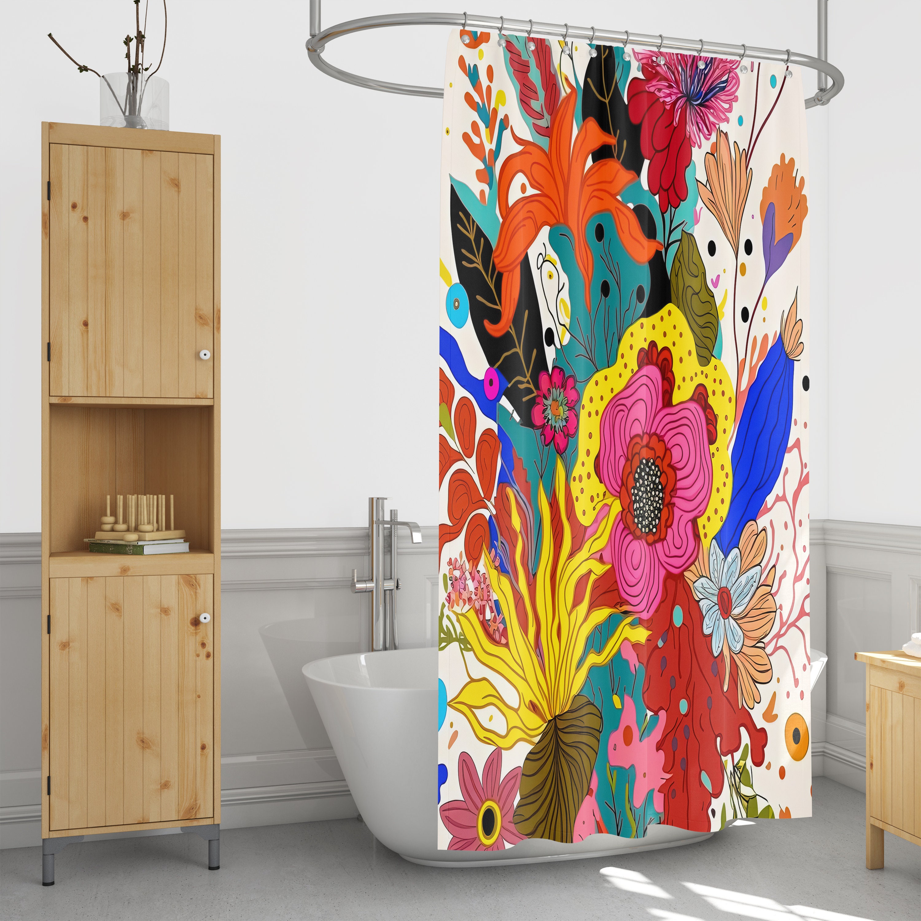 Mod Bouquet Floral Shower Curtain Set with Bath Mat -Vintage Bathroom Decor - Image 2