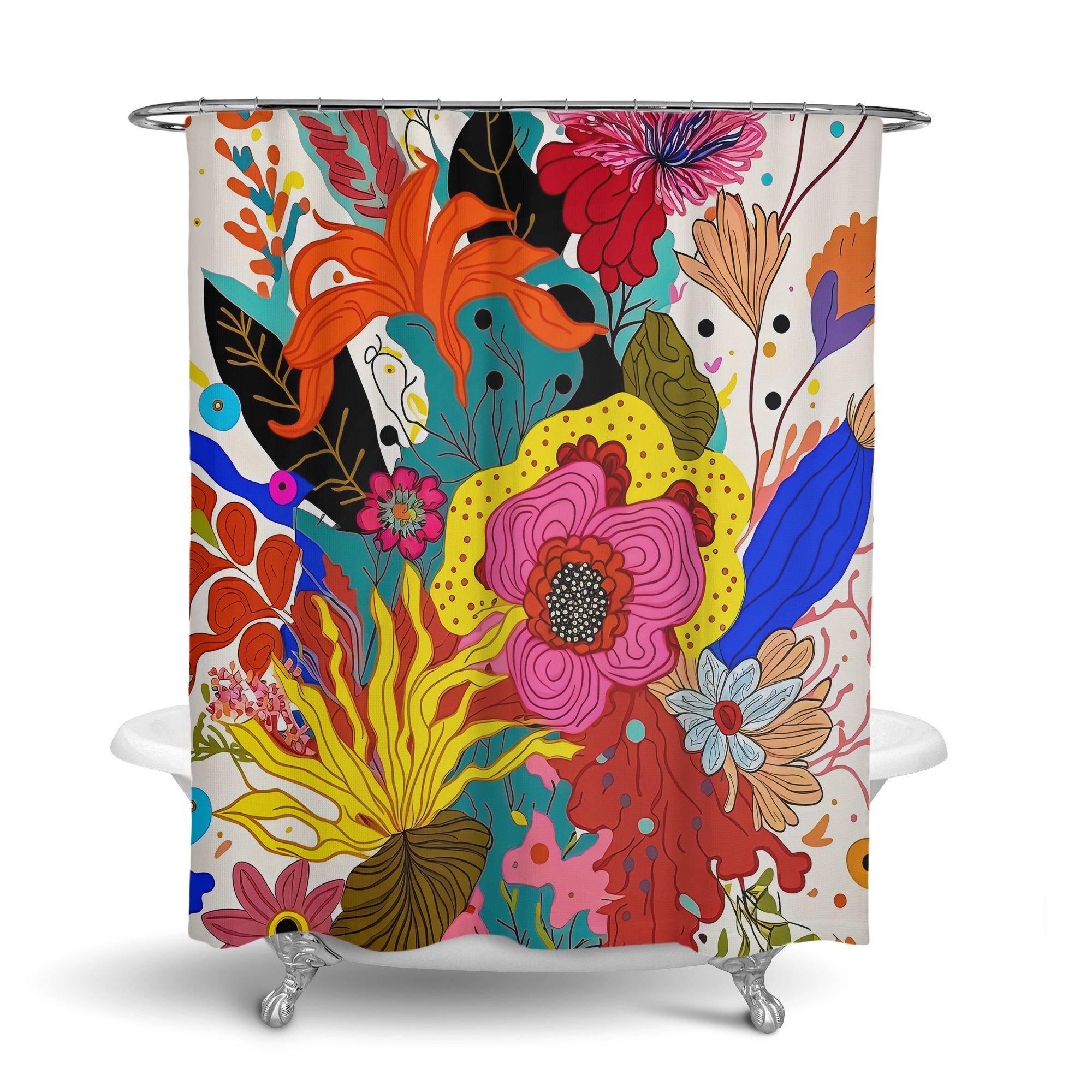 Mod Bouquet Floral Shower Curtain Set with Bath Mat -Vintage Bathroom Decor - Image 3