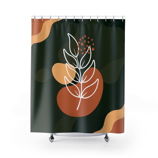 Modern Abstract Green Orange Leaf Print Shower Curtain | Water-Resistant Bath Decor