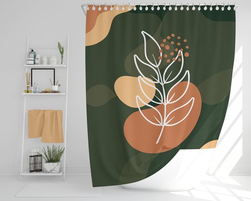Modern Abstract Green Orange Leaf Print Shower Curtain | Water-Resistant Bath Decor - Image 2