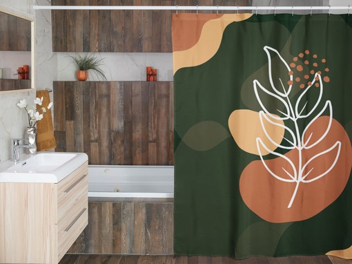 Modern Abstract Green Orange Leaf Print Shower Curtain | Water-Resistant Bath Decor - Image 3