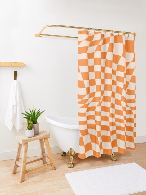 Modern Abstract Shower Curtain with Orange Squares for Perfect Eco-Friendly and Waterproof Bathroom Decor - Image 3