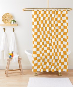 Modern Abstract Shower Curtain with Orange Squares in Eco-Friendly and Waterproof Material and Hooks Included
