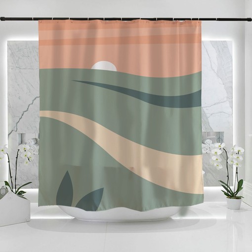 Modern Art Green Field Orange Sky Sunrise Shower Curtain - Add a Touch of Nature to Your Bathroom Decor - Image 2