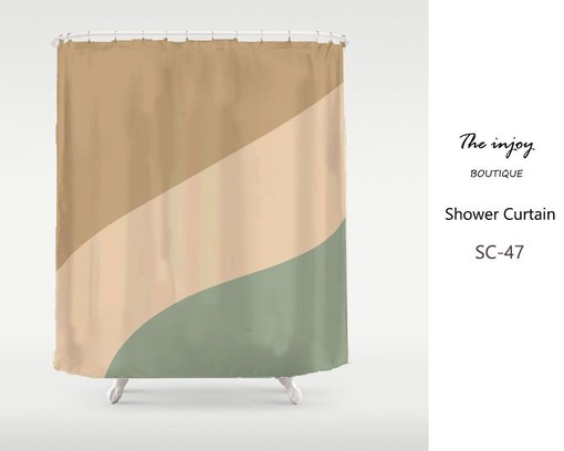 Modern Art Sideling Shower Curtain, Abstract Light Brown Beige Green Design Bath Decor Custom Sizes Available