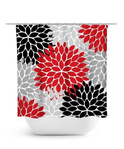 Modern Black Red Gray Floral Shower Curtain | Bathtub Curtain for Red Black Gray Bathroom Decor