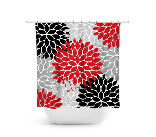 Modern Black Red Gray Floral Shower Curtain | Bathtub Curtain for Red Black Gray Bathroom Decor