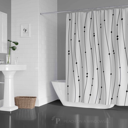 Modern Black and White Polka Dot Stripe Print Shower Curtain for Minimalist Bathroom Decor