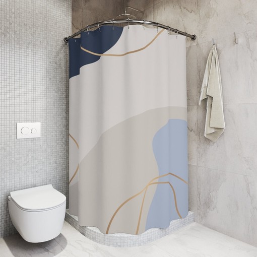 Modern Blue Gold Contemporary Art Boho Abstract Pattern Shower Curtain - Image 2
