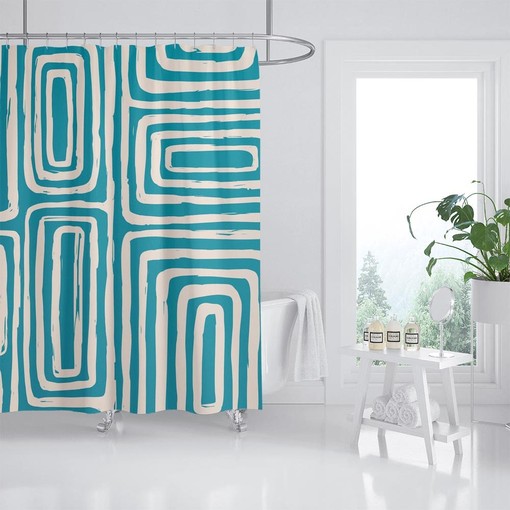 Modern Blue Lines Abstract Shower Curtain - Polyester Fabric with Hooks and Waterproof Bath Decor - Image 2