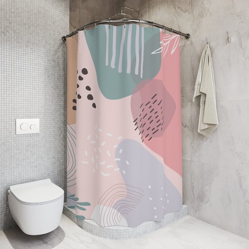 Modern Blue Pink Lake Designer Boho Abstract Pattern Shower Curtain - Image 2