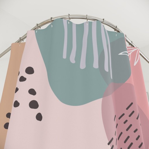 Modern Blue Pink Lake Designer Boho Abstract Pattern Shower Curtain - Image 4