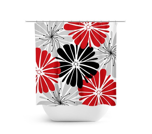 Modern Chic Red Gray Floral Shower Curtain | Fabric Bath Decor for Girls Bathroom