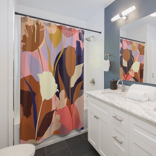 Modern Flower Print Shower Curtain with a Housewarming Gift - Trendy and Chic Bathroom Decor - Image 2
