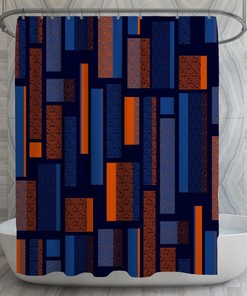 Modern Geometric Checkered Vintage Shower Curtain, Blue and Orange Dark Bathroom Urban Bath Decor