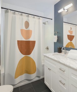 Modern Mid Century Bohemian Bathroom Decor with Brown Peach Rust Earth Tones Boho Shower Curtain