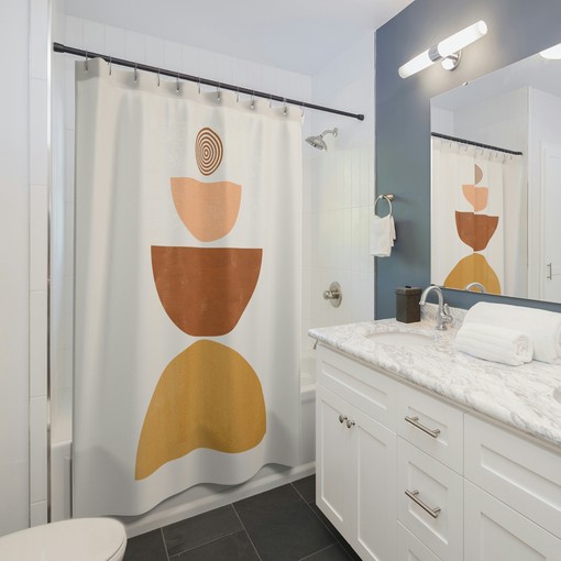 Modern Mid Century Bohemian Bathroom Decor with Brown Peach Rust Earth Tones Boho Shower Curtain