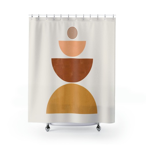Modern Mid Century Bohemian Bathroom Decor with Brown Peach Rust Earth Tones Boho Shower Curtain - Image 2