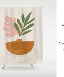 Modern Minimalist Abstract Art Plant Shower Curtain, Waterproof with Hooks for Bath Decor in Custom Sizes